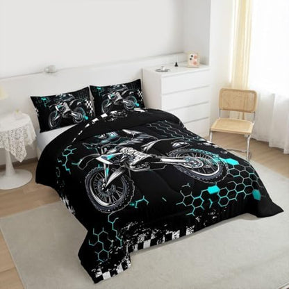 Castle Fairy Motocross Rider Queen Size Comforter Set,Honeycomb Geometric Abstract Teal Duvet Insert for Kids Teens Adults,Extreme Sport Games Bedding Comforters for Bedroom Decor,3 Pcs
