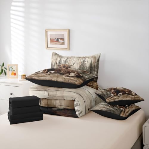 Erosebridal Rustic Highland Cow Bed in A Bag 7 Pcs Farm Animal Comforter Set for Kids Teens Western Country Forest Bedding Sets Queen Farmhouse Wildlife Sheet Set with Comforter