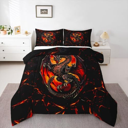 Feelyou Dragon Comforter Set King Size Wild Life Bedding Set for Kids Boys Girls Jungle Dragon Duvet Quilt Black Red Bedroom Decor Microfiber 3 Pcs with 2 Pillow Cases