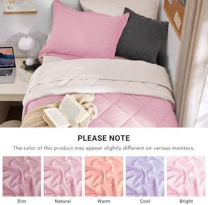 MUXHOMO 5 Pieces Twin XL Comforter Set, Reversible Bed in a Bag Twin XL Size, All Season Bedding Set with Comforter, Flat Sheet, Fitted Sheet, Pillowcases & Shams, Light Pink & Ivory