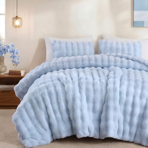 Smoofy Fluffy Faux Rabbit Fur Bubble Comforter Full Size - Light Blue