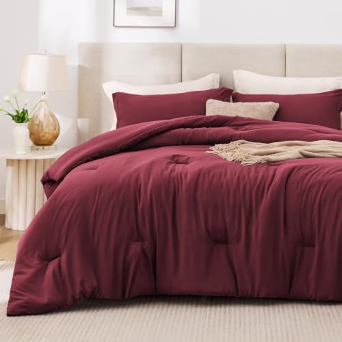 Love's cabin Burgundy Full Comforter Set, 3-Piece Prewashed Bed Set