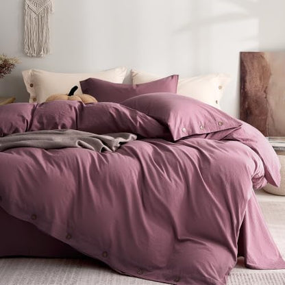 JELLYMONI 100% Washed Cotton Deep Rose Duvet Cover Full, Linen-Like