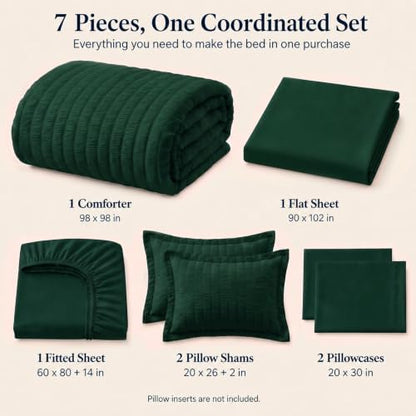 CozyLux Oversized Queen Seersucker Comforter Set, Emerald Green, 98 x 98 in