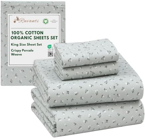 RUVANTI 100% Cotton Organic Percale King Size Sheets Set, Bud Club