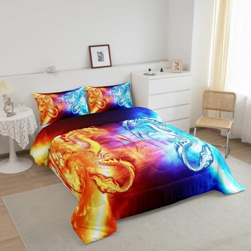 Feelyou Ice Fire Dragon Bedding Set Toddler Size 3Pcs for Boys Teens Kids