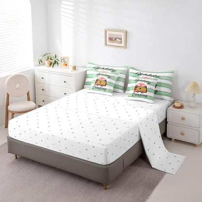 Erosebridal Happy Camping Comforter Set Twin Size,Cartoon RV Bedding Set for Kids Teens,Green Wooden Plank (Comforter+Fitted+Flat Sheet+2 Pillowcases+2 Throw Pillow Covers) 7 Pieces Bed Set