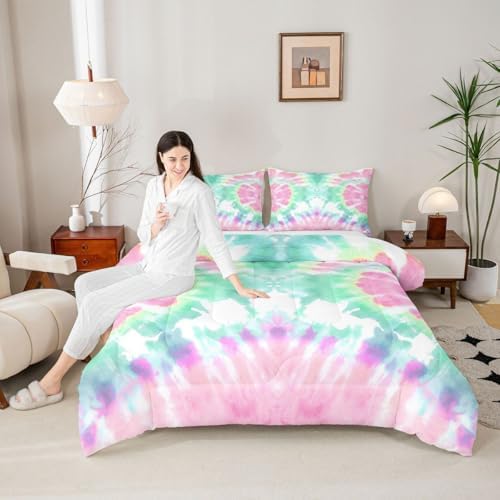 Erosebridal Kids Tie Dye Comforter Set, Bohemian Psychedelic Duvet Sets King Size for Girls Boys Teens Women Bedroom, Boho Gypsy Spiral Bedding Set Watercolor Trippy Duvet Insert, Pink Teal Blue