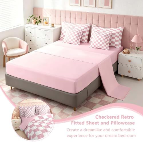 Feelyou Checkered 7 Piece Bedding Set Teen Women Men Pink Plaid Comforter Set with Sheets Twin Size Kids Boys Cute Retro Neutral Checkerboard Geometric Bed in a Bag Vintage Aesthetic Room Decor