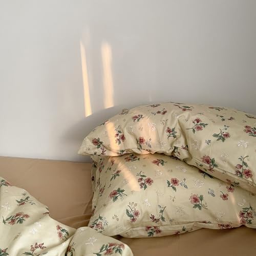 mixinni Vintage Floral Duvet Cover Full Size - 3 Piece 100% Cotton Cottagecore Red Flowers & Green Leaves Bedding, Soft Botanical Comforter Cover & Pillowcases, Aesthetic Spring Bed Set for Girls