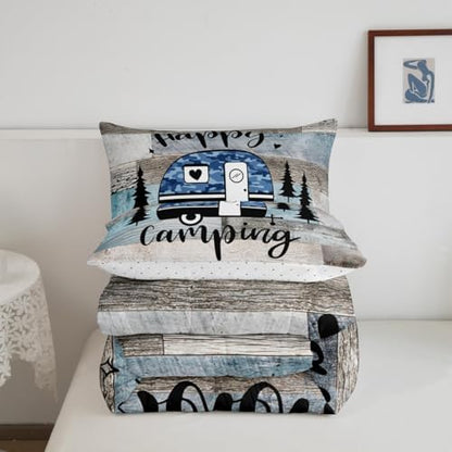 Manfei Happy Camping Camper RV Kids Comforter Set Queen Size,Pine Tree Camo Rustic Farmhouse Adventure Bedding Set,Wooden Plank Cabin Quilt Comforter,Teal Retro Duvet Insert,2 Pillowcases