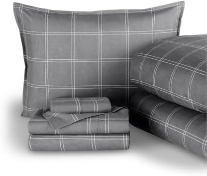 Bare Home Bed-in-A-Bag 5 Piece Set (Twin XL, Modern Plaid - Grey/White)