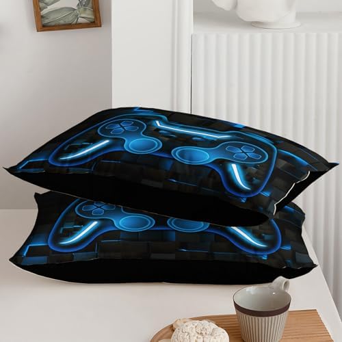 Axolotl Gamepad Comforter Set King Size,Boys Gaming Console Comforter,3D Blue Grid Print Bedding Set,Modern Gaming Controller Geometry Bedding for Adult Teens Men,1 Quilt 2 Pillowcases,Blue Black
