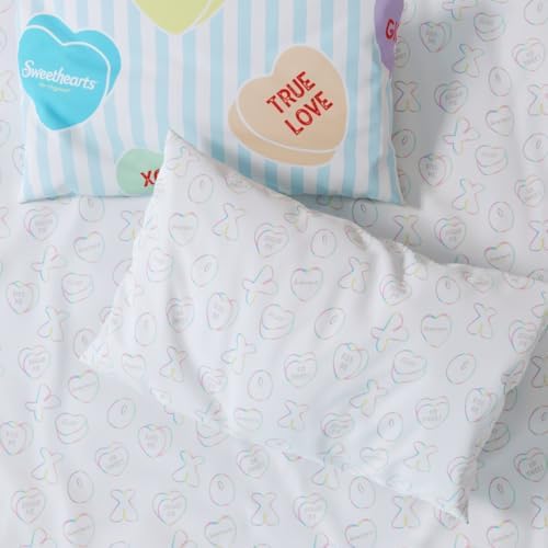 Sweethearts Original Candy Hearts Bedding 5 Piece Twin Bed Set, Soft Cozy Nostalgia Reversible Comforter and Sheet Set with Sham, Officially Licensed Product By Franco