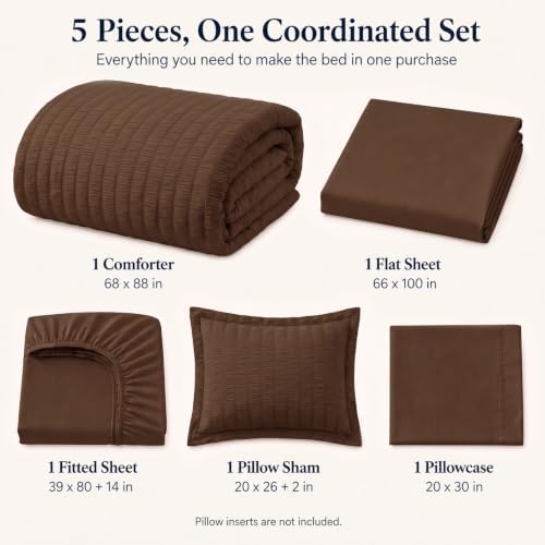 CozyLux Twin XL Comforter Set, 5 Pieces Brown Seersucker Bed in a Bag