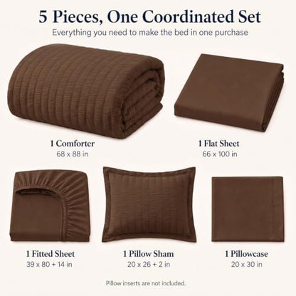 CozyLux Twin XL Comforter Set, 5 Pieces Brown Seersucker Bed in a Bag