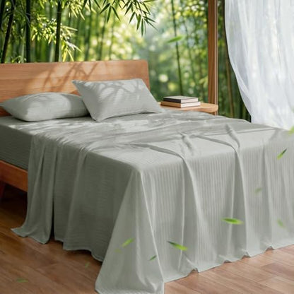 Cooling Sheets Set Full Size, Viscose Derived from Bamboo for Hot Sleepers, Double Stitching, Deep Pocket to 16 Inch, Silky Soft and Breathable Bedding, 4PC (Full, Jacquard Fog)