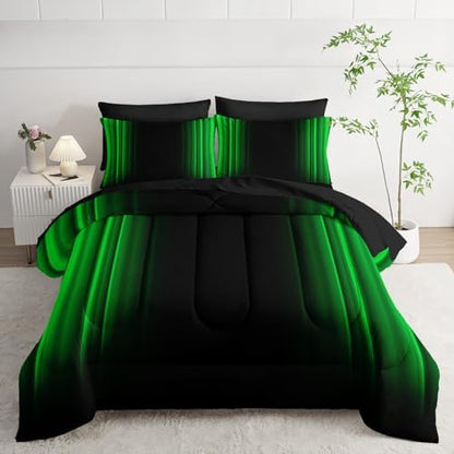 Nttopship Green and Black Bedding Set King Size Abstract Ombre Comforter Set Bedding Set 7 Piece in A Bag,Dark Quilt Set Mordern Art Decor All Seasons with Pillowcases,Flat, Fitted Sheet