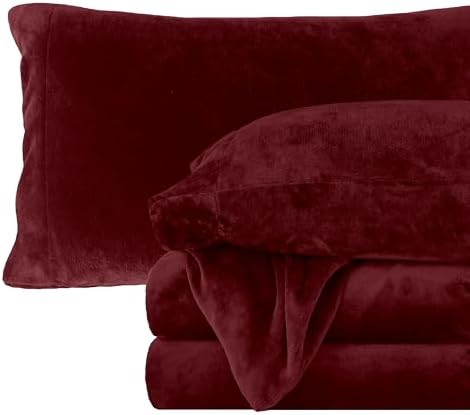Elegant Comfort Luxuriously Soft 4-Piece Velvet Plush Flannel Sheet Set - Premium Quality - Cozy Warm, Anti-Static, Non Pilling Fuzzy Velvet Flannel Fleece Deep Pocket Sheet Set - Twin, Burgundy
