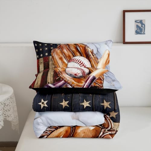 Sports Baseball Comforter Set Full Size Vintage Baseball Gloves Bedding Set Bedroom Decor American Flag Wooden Barn Quilt Set for Kids Boys Teens Luxury Marble Breathable Duvet Insert 3Pcs