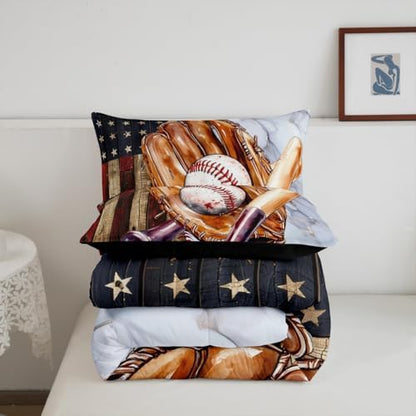 Sports Baseball Comforter Set Full Size Vintage Baseball Gloves Bedding Set Bedroom Decor American Flag Wooden Barn Quilt Set for Kids Boys Teens Luxury Marble Breathable Duvet Insert 3Pcs