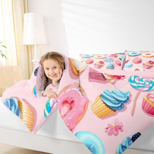 Homewish Donuts Comforter Set Twin Size,Cake Sweets Bedding Set 2pcs for Kids Girls Teens Room Decor,Cartoon Desserts Themed Duvet Insert Sets Pink Gourmet Quilted Duvet Set with 1 Pillowcase