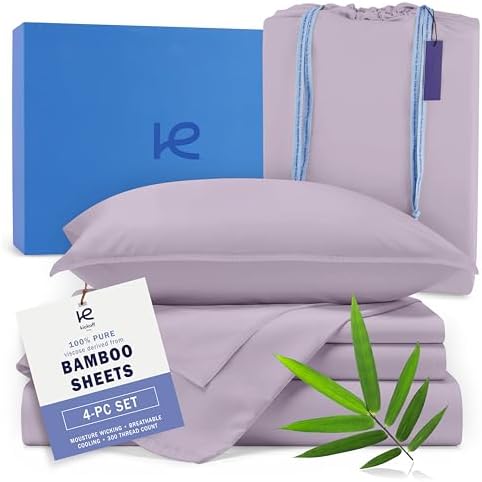 Kickoff Viscose Bamboo Sheets King Size 4-pc 100% Organic Bamboo Viscose Bed Cooling Sheets King Size Set Cool Bedding for hot Sleepers Sheet Set - Gift Ready Packaging (Lavender, K)