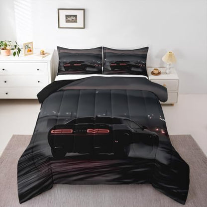 Erosebridal Cool Racing Car Twin Comforter Set for Kids Boys Girls,Boys Speed Car Bedding Set,Extreme Sports Duvet Insert,Black Race Cars Bed Set for All Season