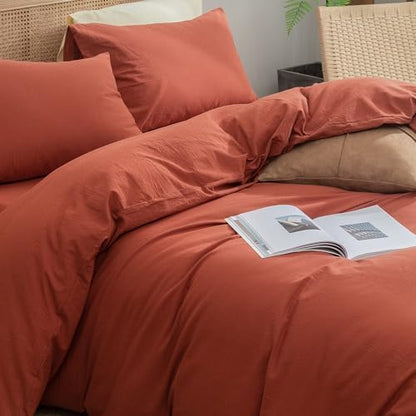 BESTOUCH Cotton Solid Duvet Cover Set Burnt Brick Red Alaska King