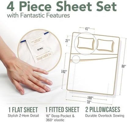 TEXAS LINEN CO. 100% Organic Cotton Sheets King Size - 4 PC Organic Cotton King Size Percale Weave Sheet Set, Soft, Cooling, Crisp & Breathable, 16" Deep Pocket Hotel Quality Bedding Set - (Teal)