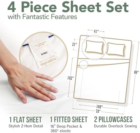 TEXAS LINEN CO. 100% Organic Cotton Sheets King Size - 4 PC Organic Cotton King Size Percale Weave Sheet Set, Soft, Cooling, Crisp & Breathable, 16" Deep Pocket Hotel Quality Bedding Set - (Blush)
