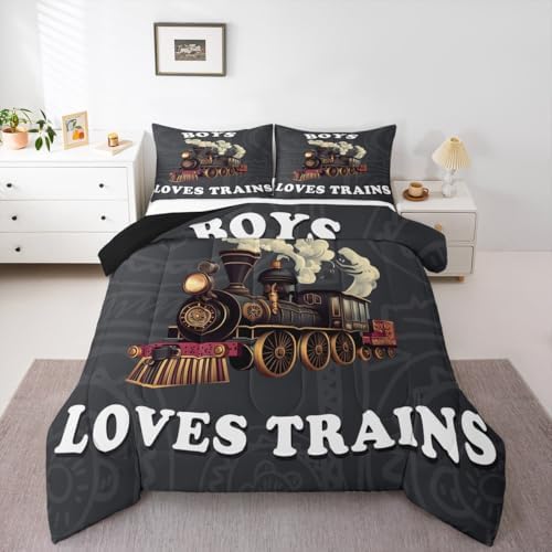 Feelyou Boys Vintage Train Comforter Set Queen Size Retro Steam Engine Bedding Set Kids Teens Railway Track Vehicle Locomotive Transport Duvet Quilt Room Decor