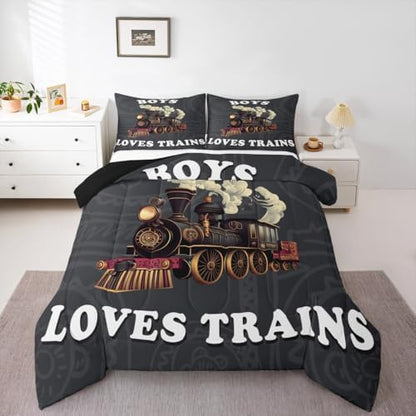 Feelyou Boys Vintage Train Comforter Set Queen Size Retro Steam Engine Bedding Set Kids Teens Railway Track Vehicle Locomotive Transport Duvet Quilt Room Decor