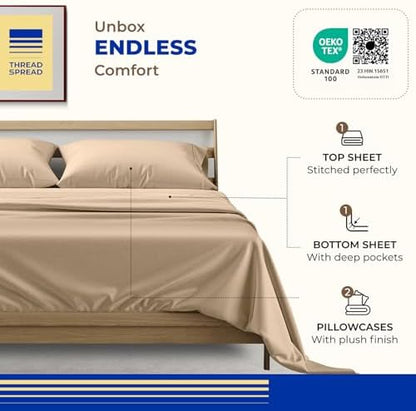 THREAD SPREAD Egyptian Cotton Sheets Queen Size - 1000 Series High Thread Count Cotton Queen Sheet Set (4 PC, Taupe), 16" Snug Fit Deep Pocket, Cooling, Sateen Weave, Ultra-Soft Hotel Luxury Sheets