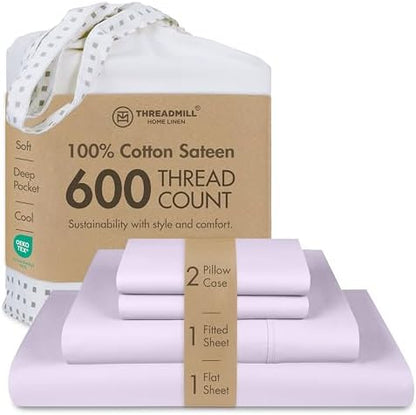 Threadmill 600 Thread Count Cotton Queen Sheet Set, Sateen, Lilac, 4-Piece
