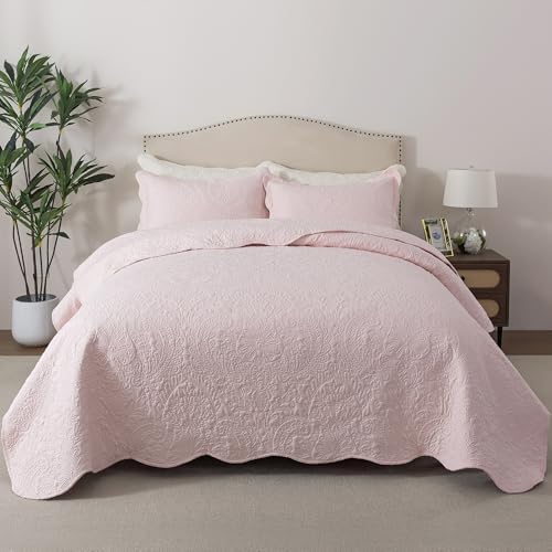 HoneiLife Queen Bedspreads Oversized - 110"x106" Quilt Sets 3-Piece, Quilt Bedding Sets for All Season Use, Reversible Coverlet for Queen Beds-Light Pink