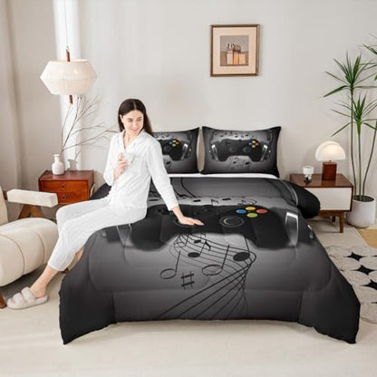 Gamer Comforter Set Queen Size,Black Grey Headphones Musical Design Games Gamepad Bedding Set for Kids Boys Video Game Room Decor Retro Playing Gamer Down Comforter Gaming Controller Quilted Duvet Set