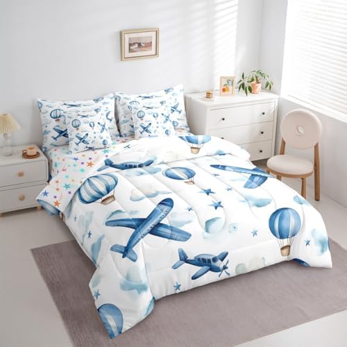 Erosebridal Cartoon Aircraft Queen 7 Pcs Bedding Set for Boys, Dreamy Hot Air Balloon Comforter Set with Sheets, Blue White Clouds Bed in A Bag for Kids Girls Adults, Airplane Star Print Bed Sets