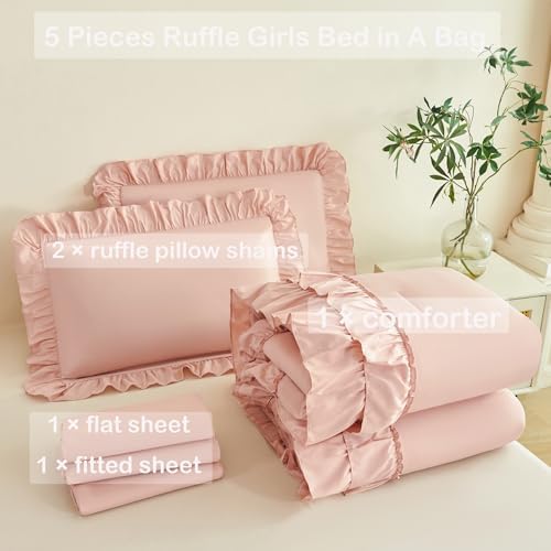 ANGIYUIN 5 Pieces Blush Pink King Size Bed in A Bag Ruffle Comforter Sets