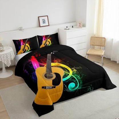 Erosebridal Guitar Bedding Set for Kids Boys Girls Teens Rainbow Musical Notes Comforter Set King Size Rock Music Quilt Duvet Sets 3D Electric Guitar Down Comforter Bedroom Decor Black 3 Pcs