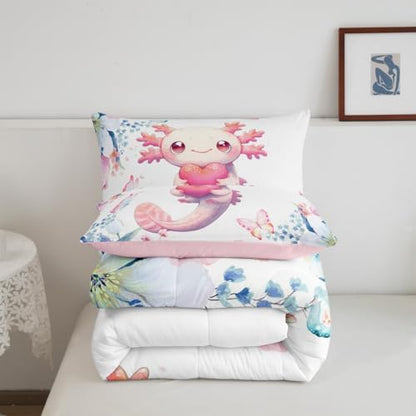 Feelyou Cute Axolotl Comforter Set Toddler Kids Cartoon Salamander Bedding Set for Boys Girls Teens Flower Floral Print Duvet Quilt Kawaii Reptile Animal Ocean Sealife Room Decor