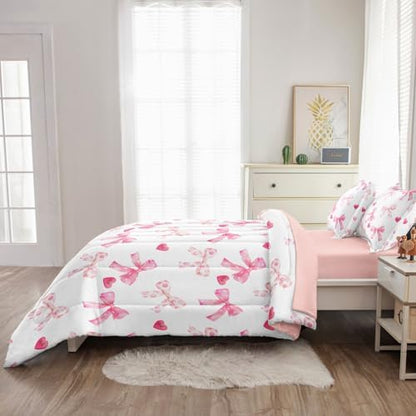 Twin Bedding Sets for Girls Pink Bow Room Decor Fluffy Comforter Sheets Set Bed in a Bag for Kids Teens All Season Use