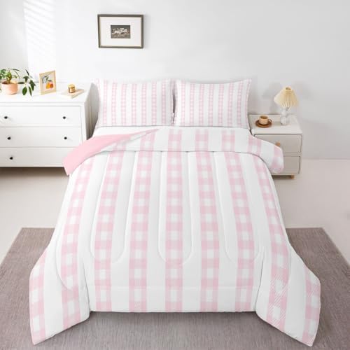 jejeloiu Pink Plaid Comforter Set King Size Stripes Bedding Set for Kids Boys Girls Check Checkered Duvet Quilt Grid Geometric Bedroom Decor Microfiber 3 Pcs with 2 Pillow Cases