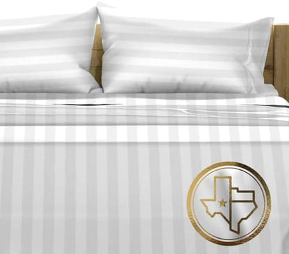 TEXAS LINEN CO. 100% Egyptian Cotton Sheets California King Size - Luxury 1500 Series Couture Comfortin' Damask Cal King Sheet Set Egyptian Cotton, (4 PC, White Stripe), 17" Deep Pocket Bedsheet Set