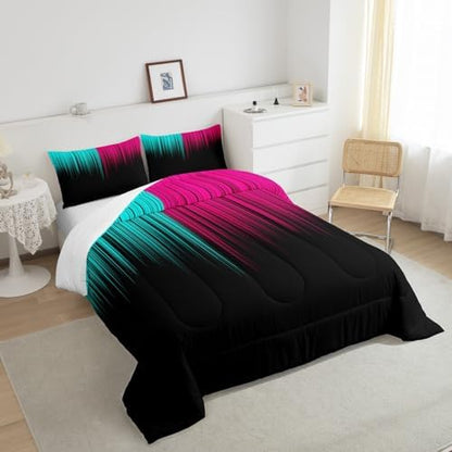 Feelyou Abstract Ombre Comforter Set Full Size, Kids Teens Teal and Red Girls Bedding Sets Decor Modern Geometric Stripes Quilt Set with 2 Pillow Cases
