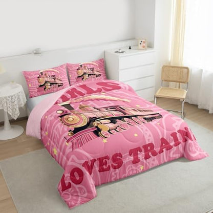 Feelyou Girls Pink Vintage Train Comforter Set Queen Size Retro Steam Engine Bedding Set Kids Railway Track Vehicle Locomotive Transport Duvet Quilt Room Decor