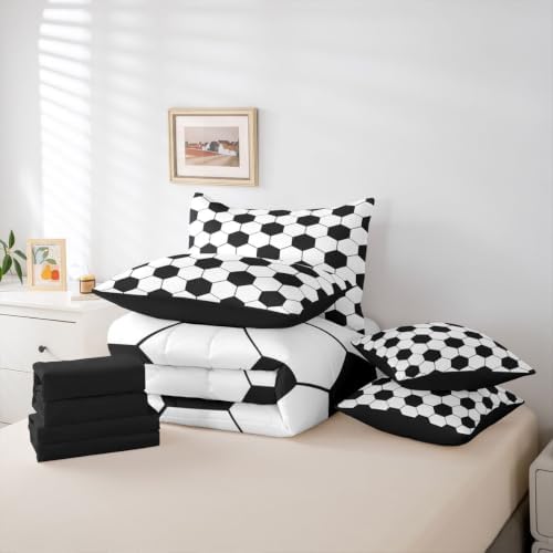 Feelyou Soccer Comforter Set Twin SizeBall Game 7 Pcs Bedding for Kids and AdultsFootball Sport Themed Boys Girls Bed in a Bag Bed Sheet Sets with Fitted Sheet Pillowcases for Bedroom Bed Decor