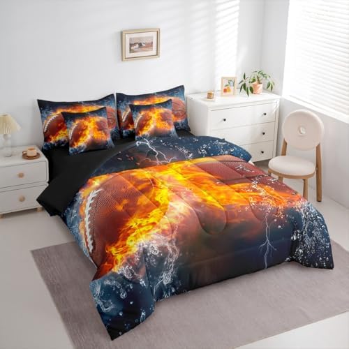 Erosebridal Rugby Football Basketball Themed Comforter 7Pcs - 3D Gaming Sport Bedding Set for Kid Teen Girl Boy Adult Balls Sports Games Ice and Fire Ball Pattern Bed in A Bag King Size