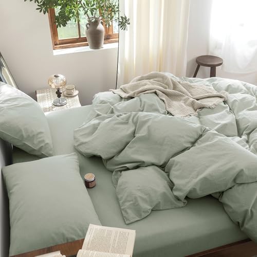 FOSSA Duvet Cover Set 100% Washed Cotton Linen Feel Super Queen