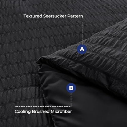 HYMOKEGE Black California King Comforter Set Seersucker 7 Pieces, All Season Luxury Bed in a Bag for Bedroom, Bedding Set with Comforters, Sheets, Pillowcases & Shams